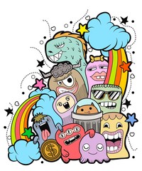 Naklejka premium Cute Colorful Monster Doodle Characters with Rainbows and Stars