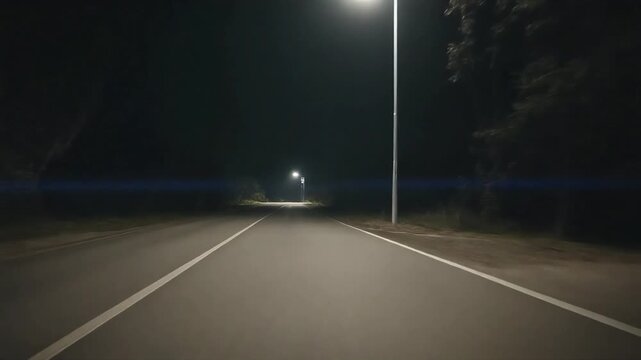 Driving on a dark road at night with oncoming headlights