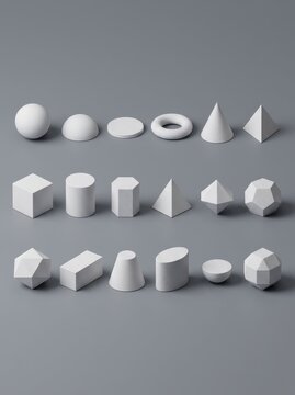 Collection of White 3D Geometric Shapes on Gray Background - Minimalist Mathematical and Architectural Design Elements