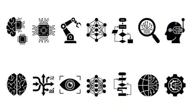 Artificial Intelligence Deep Learning and Neural Network Black Vector Icon Set