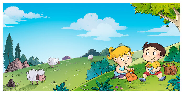 Scene of children hiking and eating in a meadow with sheep, children's illustration
