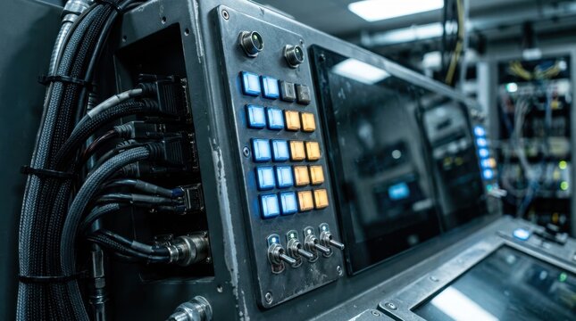 Satellite control console with illuminated switches, cable bundles, and reflective glass paneling for hardened communications infrastructure
