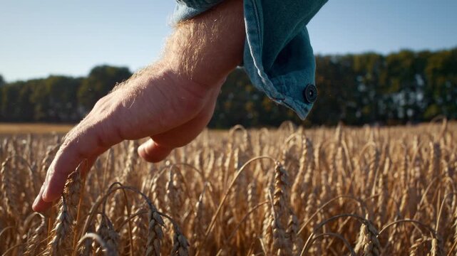 Farmer hand strokes ripe wheat spikes in golden field closeup