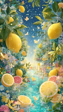 Lush lemon grove with vibrant fruits and butterflies