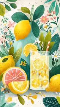 Fresh lemonade with vibrant lemons and leaves.