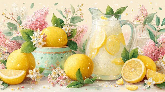 Fresh lemonade with lemons and flowers.