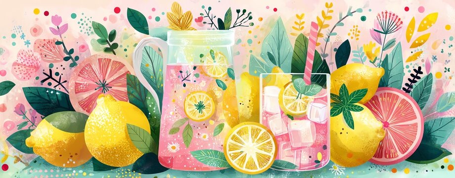 Colorful lemonade with vibrant fruits and flowers.
