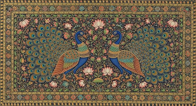 Intricate Indian Miniature Painting of Two Peacocks Amidst Floral Motifs.