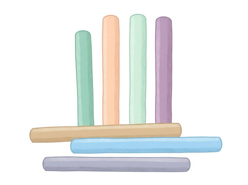 Illustrazione vettoriale di bastoncini colorati pastello disposti in una composizione astratta con elementi verticali e orizzontali su sfondo bianco, stile minimalista e delicato per design grafico.