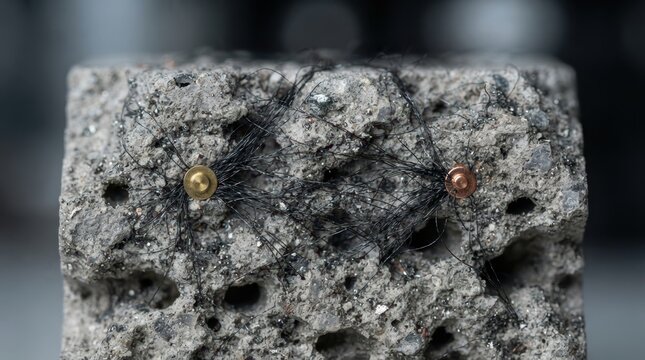 Porous concrete surface with conductive graphite fibers, fine metallic specks, and electrical contact points.