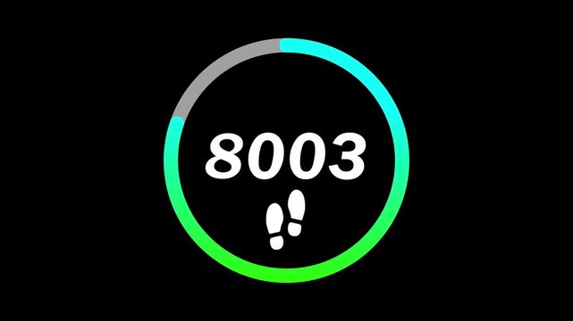 foot step counter 10000 steps with icon sign foot step and circle loading data steps, ten thousaand steps with icon foot and loading circle gradient green and blue color animation, 4k video