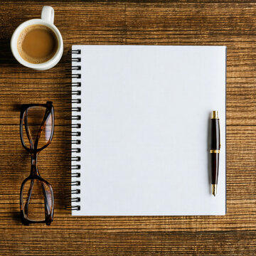 Flat Lay Composition of Blank Spiral Notebook, Coffee Cup, Pen, and Glasses on Wooden Desk