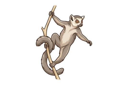 Un'illustrazione vettoriale stilizzata di un lemure dalla coda ad anelli che si arrampica su un ramo di legno, caratterizzato da un design pulito e moderno su uno sfondo bianco isolato.