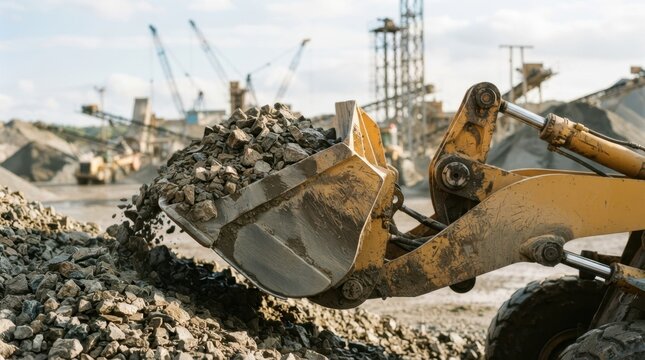 Yellow wheel loader bucket lifting crushed stone with gritty texture, chrome pins, and blurred cranes behind.