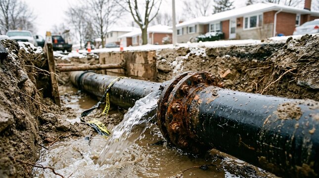 Thick black underground water pipe bursting with steady stream into muddy trench, rusty iron flange, blurred winter houses behind.