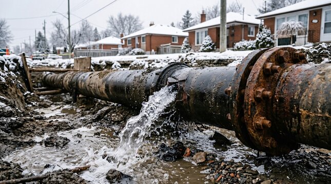 Thick black underground water pipe bursting with steady stream into muddy trench, rusty iron flange, blurred winter houses behind.