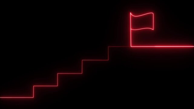 A glowing red neon animation of a set of stairs leading up to a flag on a dark background.