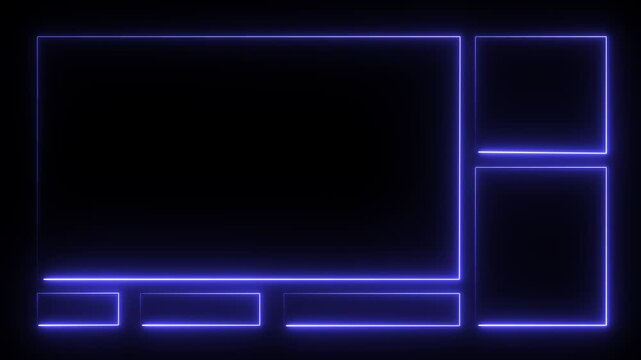 A blue neon live-streaming layout overlay with glowing rectangular frames for gameplays, facecams, and chat boxes.