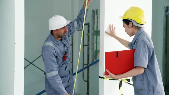 Female inspector and male engineer measuring wall in building site