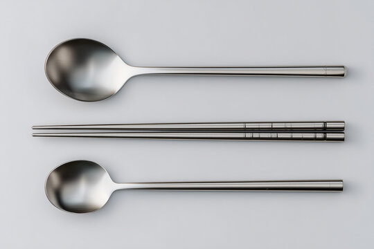 Stainless steel metal spoons and chopsticks on white background