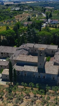 Aerial view flying over the pontignano charterhouse near siena