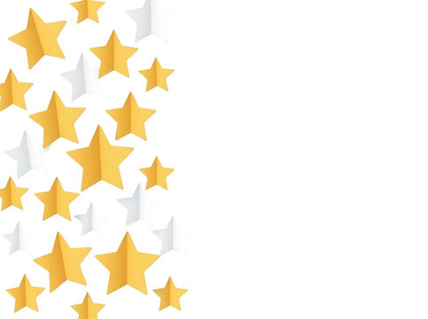 Sfondo astratto con stelle di carta dorate e bianche disposte verticalmente sul lato sinistro, creando un motivo festivo ed elegante con ampio spazio vuoto per il testo su uno sfondo bianco pulito.