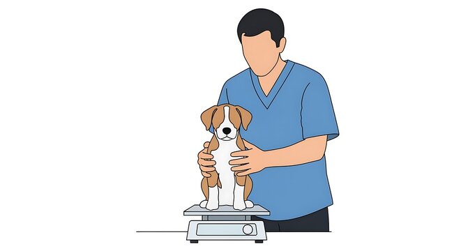 Puppy Weighing on Scale by Veterinarian for Routine Checkup