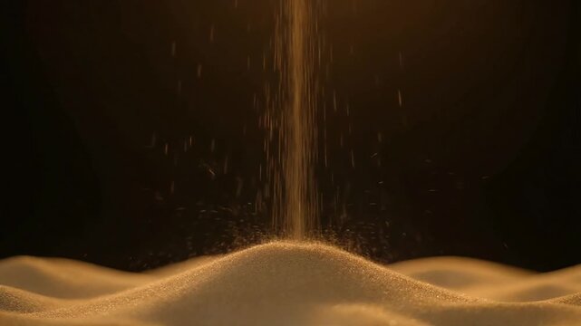 Close up slow motion sand falling and accumulating in pile on dark background