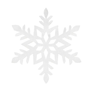 Beautiful white paper snowflake with intricate cut-out patterns, isolated on a clean white background, creating a festive winter design