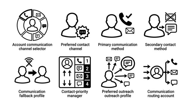 Communication Icons Set: A collection of line icons representing various aspects of communication, including channel selection, contact methods, and preference management.