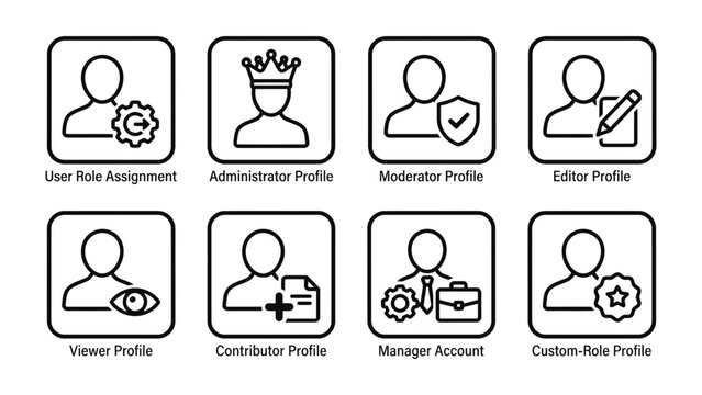 User Role Icons: A collection of clean, minimalist icons representing various user roles and account management functions, perfect for interface design.