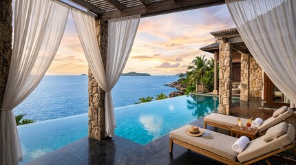 Fototapeta premium Private infinity swimming pool overflowing into calm deep blue ocean, white sheer curtains and stone pillars of luxury resort villa.