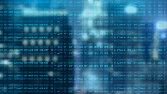 Blue digital background with binary code over a blurred city, representing big data, cybersecurity, and global network tech. Concept of programming or technology digital data