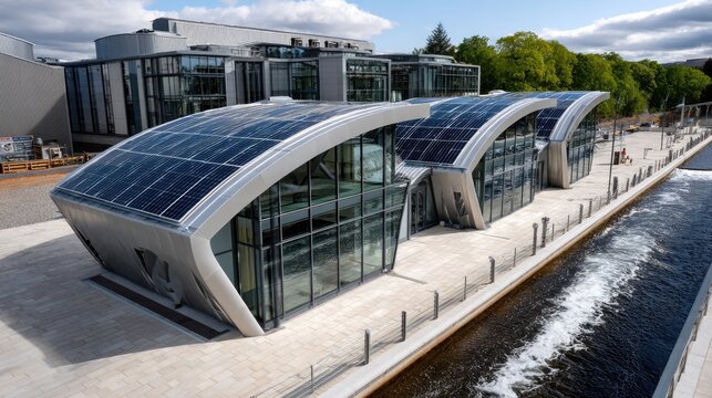 Modern Eco-Friendly Building with Solar Panels: A contemporary architectural marvel, this building features a sleek, curved design covered in solar panels.