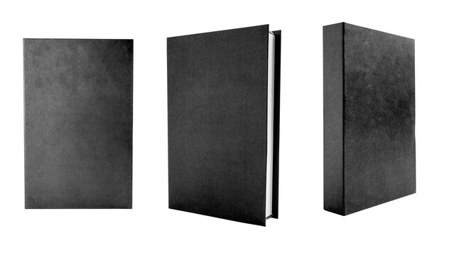 Three mockup views of a blank black hardcover book against a dark background, showing the front cover, spine, and white pages. Study or education concept