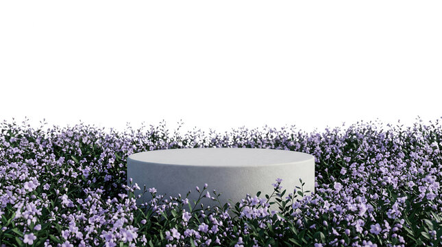 Podio cilindrico bianco posizionato al centro di un prato di piccoli fiori viola, isolato su sfondo bianco per esposizione di prodotti.