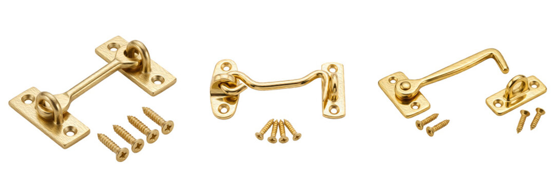 Brass Cabin Hook and Eye Latch Set with Screws Vector Isolated on White Background