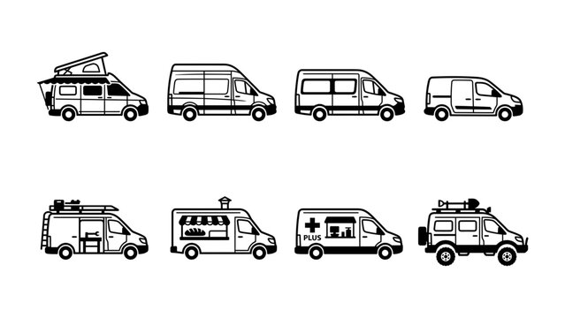 Van Collection: A set of eight diverse van illustrations, including a campervan, food truck, and ambulance, showcasing various functional designs and styles.