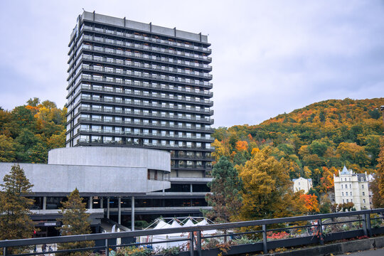 KARLOVY VARY, CZECH REPUBLIC - OCTOBER 10, 2025: Modernist Brutalist Hotel Thermal Architecture
