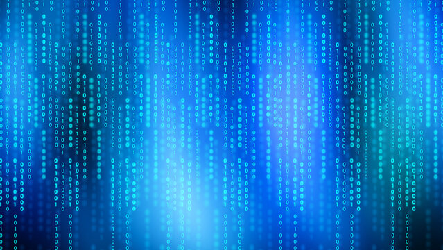 Abstract blue background featuring vertical streams of glowing binary code zeros and ones, representing computer data, programming, and cybersecurity. Concept of programming or technology digital data