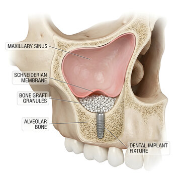 Dental implant fixture inserted into alveolar bone with maxillary sinus augmentation site.