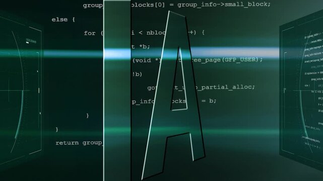 AI Technology with Green Interface and Light Transitions. Artificial intelligence concept with 3D AI letters, programming code, green digital interfaces and dynamic light transitions.