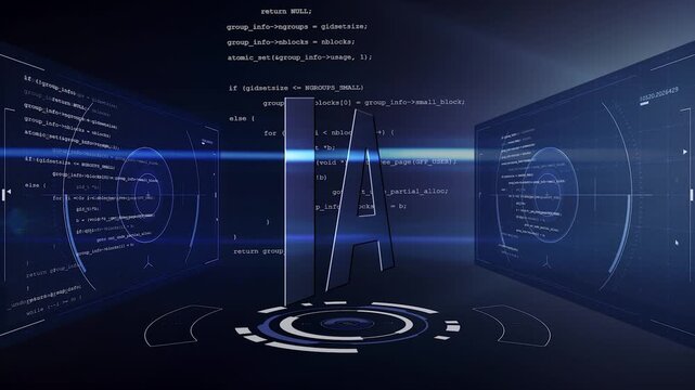 Futuristic AI Technology with Blue HUD Interface. Artificial intelligence concept with programming code, blue HUD graphics and digital interfaces representing AI development and machine learning.