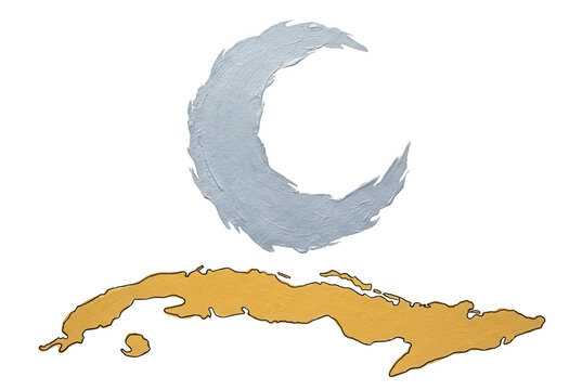 Illustrazione grafica minimalista con la mappa dell'isola di Cuba in colore oro sormontata da una mezzaluna stilizzata azzurra su sfondo bianco.