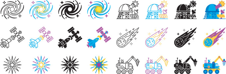 Nebula Galaxy Moon Rover Satellite Link Comet Tail Bright Star, Hand Drawn Vintage Retro Alien UFO Space Voyage Cosmic Phenomenon Sticker Bundle Vector Art © The Advoc Hub