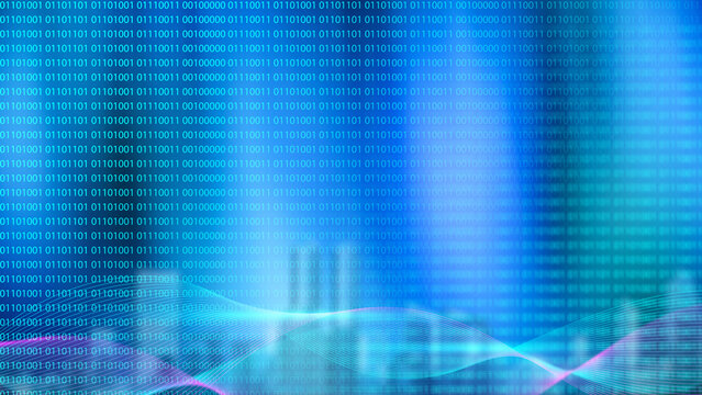 Abstract blue digital technology background featuring binary code, glowing waves, and futuristic data stream design. Concept of programming or technology digital data