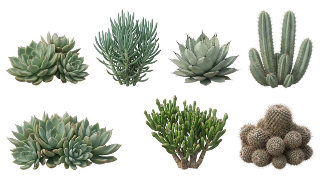 Una collezione di diverse piante grasse e cactus succulenti isolati su sfondo bianco, presentati come elementi botanici singoli per composizioni decorative, design d'interni e progetti di