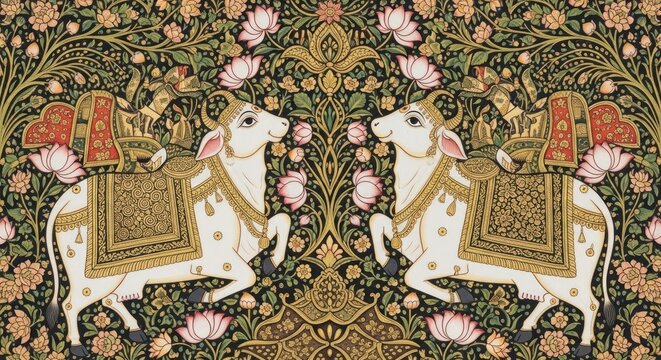 Intricate Indian Miniature Painting of Two Sacred Cows Adorned with Rich Textiles.
