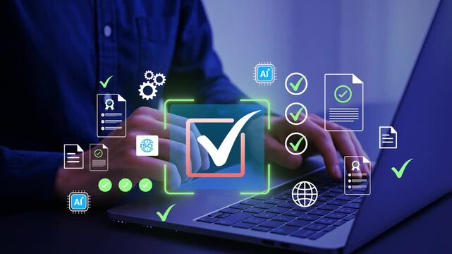Quality checklist and certification verification concept with business professional using digital system in office during work process to ensure compliance standards improve performance and service