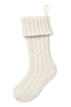 Cozy white knitted Christmas stocking with a ribbed cuff and cable knit pattern, isolated on a clean white background
